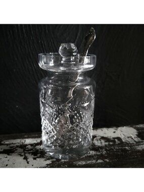 Vintage Galway Crystal Jam/ Jelly / Condiment Jar With Lid and Silverplate Spoon